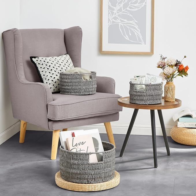Wicker Storage Basket, Hand-Woven Paper Rope Large Round Woven Basket With Handles, Wicker Baskets for Organizing/Storage, Grey, 3-Pack