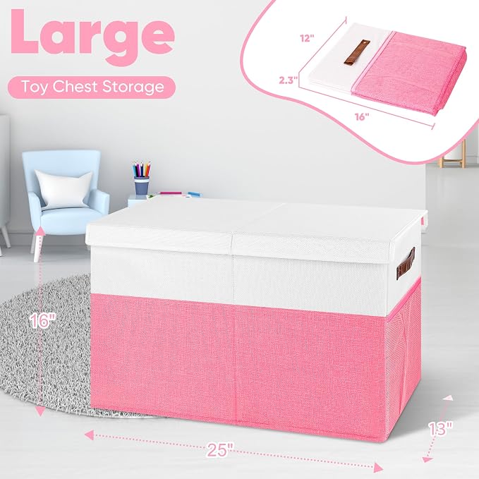 Large Toy Bins Box, Collapsible Toy Storage Chest With Lids, 25"x13"x16" | Sturdy Kids Toy Storage Box with 2 Pockets and Dividers for Boys Girls, Bedroom & Living room Organization, White & Pink