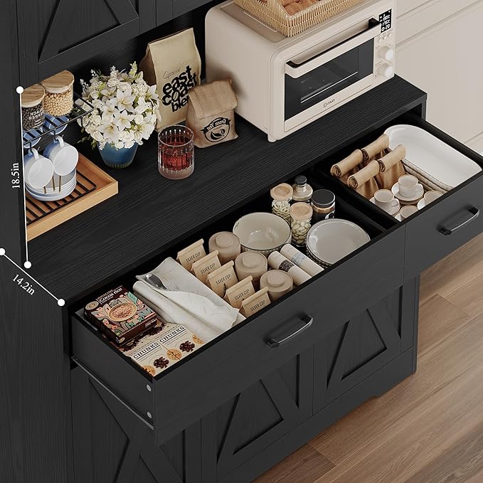 HOSTACK 71" H Kitchen Pantry Storage Cabinet,Farmhouse Hutch Cabinet, Black | Space-Saving Pantry Cabinet with Charging Station & 2 Large Drawers & Adjustable Shelves, Tall Kitchen Hutch for Dining Room