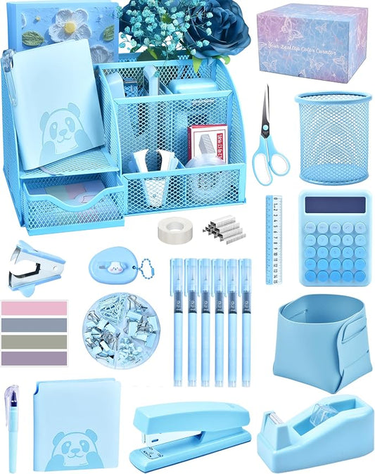 23pc Blue Desk Accessories and Organizers with Mesh Organizer Stapler Tape Dispenser Calculator and a Lot of Office Purple Office Supplies Beautifully Presented in a Gift Box