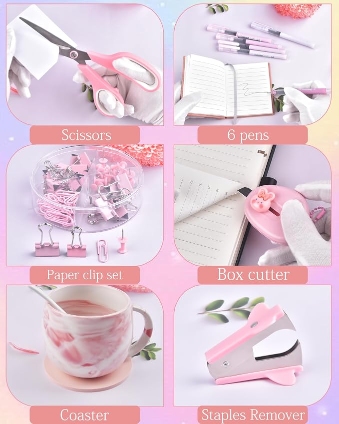 Pink Desk Accessories and Organizers with Desk Organizer and 360°Rotating Pen Holder stapler Pen and a Lot of Office Pink Office Supplies Beautifully Presented in a Gift Box