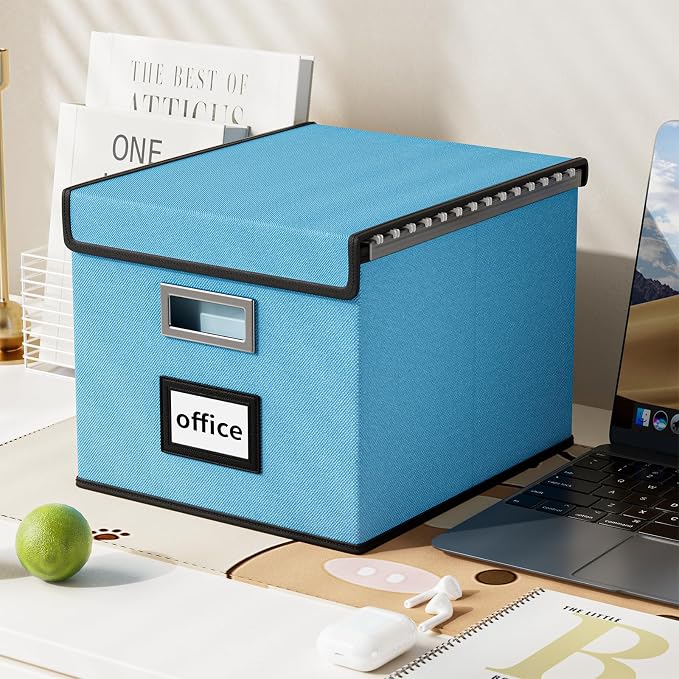 File Organizer Box with Lids, Collapsible File Folder Organizer | File Box with Plastic Slides for Office Document Storage, Filing Bin for Letter Size Hanging File Folders (1 Pack, Sky-blue)
