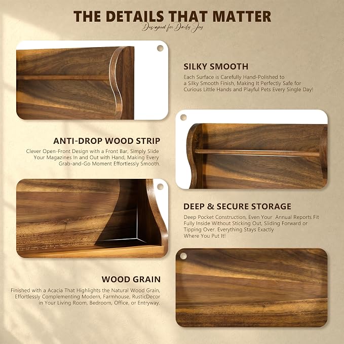 Acacia Wood Mail Organizer Wall Mount with 7 key Hooks Home Decor, Brown | Decorative Mail Holder for Wall, Key Hanger for Sunglasses and Wallets, Rustic Magazine Holder for Paper Storage, Living Room