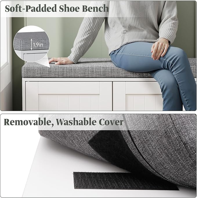 Turosur Shoe Storage Bench with Cabinet, 3-Tier Entryway Bench with Padded Seat Cushion, Shoe Cabinet Bench with 4 Adjustable Shelves for Bedroom, Mudroom, White