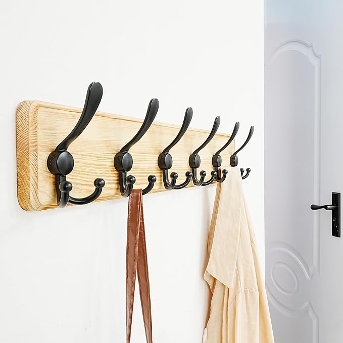 Coat Rack Wall Mounted - 24" Long 6 Tri Hooks, Heavy Duty Wooden Wall Coat Hanger Coat Hook for Clothes Hat Jacket Clothing, Weathered Light Natural and Black, Pack of 2