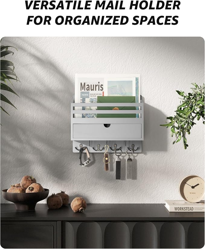 Rebee Vision Mail Organizer Wall Mount with 7 Key Hooks for Entryway, Gray | Key and Mail Holder for Wall, Drawer Organizer, Anchor Key Hanger, Mail Sorter, Apartment Essentials, Home Decor Aesthetic