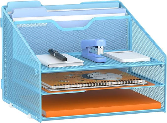 GAWERK Letter Tray Organizer, Mesh Desk File Organizer with 3 Paper Trays and 2 Vertical Upright Section (Blue)