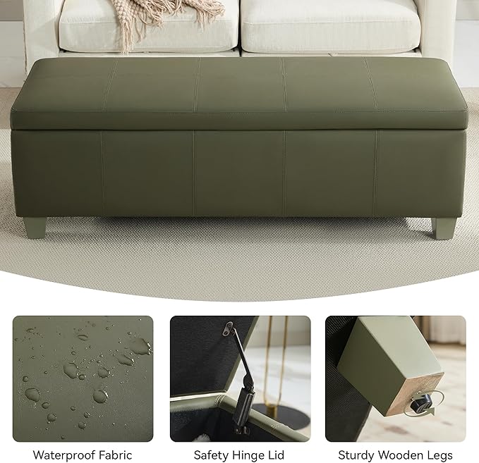 WUTUTUEE 51" Faux Leather Storage Ottoman, Stitch Tufted Rectangle Upholstered End of Bed Storage Bench, Entryway Large Couch Ottoman with Wooden Legs,Green