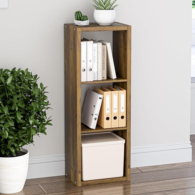VDNEND Cube Storage Organizer Bookcase, 3 Tier Decorative 11 inch Open Back Cubical Shelf with Thickened Border, Display Bookshelf for Living Room, Home Office, Sturdy Room (Brown, 3 Cube)