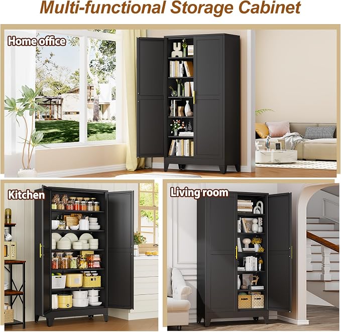 79" Black Metal Storage Cabinet with 2 Doors and 5 Adjustable Shelves,Steel Garage Tool Cabinet, File Cabinet,Kitchen Pantry Cabinet for Home,Office,Garage,School,Warehouse