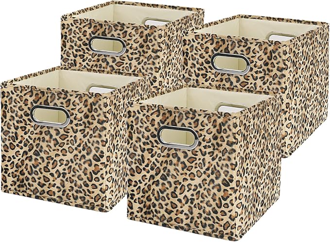 ANMINY Leopard Cheetah Print Storage Cubes Bins, Velvet, Brown, 11Inch 4PCS | Collapsible & Washable, PP Board Frame, Built-in Metal Handles, Animal Themed Fabric Cubes Baskets for Closet Shelves Decor