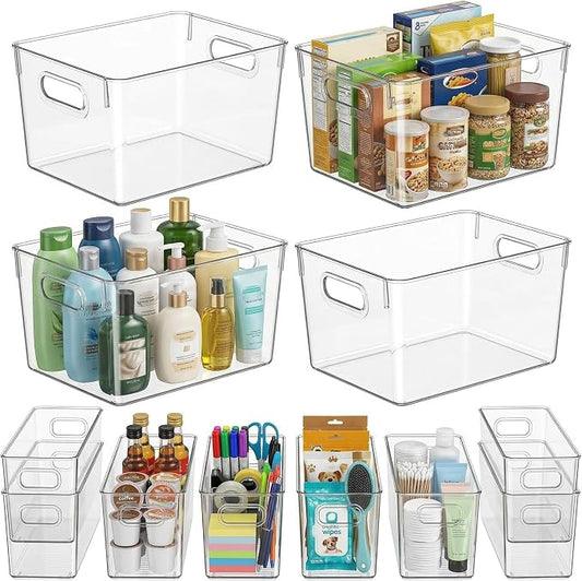MOONEDGE Set of 12 Clear Plastic Storage Organizer Bins, 4 Large & 8 Small | Under-Sink Storage Containers, Bathroom, Kitchen, Fridge, Cabinet Organization, Clear Bins for Organizing, Small Storage Bins