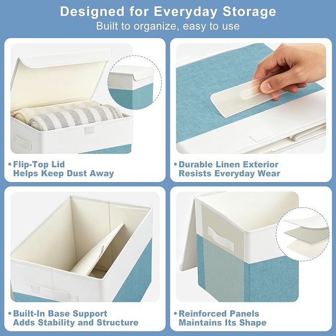 Large 17" 42 Quarts Collapsible Stackable Storage Bins with Lids [3-Pack] Foldable Fabric Linen Storage Boxes Cube, Closet Organizer Baskets with Label for Home (16.7 x 12 x 12", Teal & White)