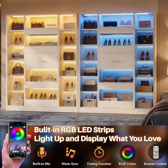 Besiost Shoe Cabinet with 12 Shelves & 5 Drawers, Wood Shoe Rack with Light | Holds Up to 30+ Pairs of Shoes, Vertical 40" W Shoe Storage Cabinet for Entryway, Hallway, Walk-In Closets, White