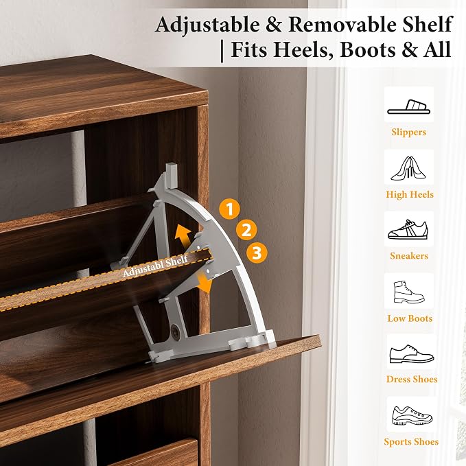 Nicetree Slim Shoe Cabinet for Entryway, 9.5" Narrow Shoe Storage Cabinet with Architectural Arched Fluted Front, Entryway Shoe Storage with Adjustable Shelves, Mid-Century Walnut