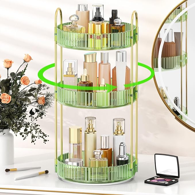 MOKANI 360 Rotating Makeup Organizer for Vanity, 3 Tier Perfume Organizer | Adjustable Multi-Function Spinning Cosmetics Skincare Storage for Bedroom, Dresser, Countertop, Green
