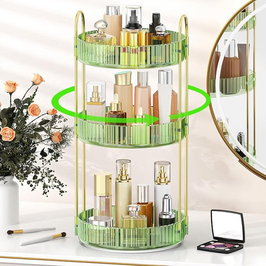 MOKANI 360 Rotating Makeup Organizer for Vanity, 3 Tier Perfume Organizer | Adjustable Multi-Function Spinning Cosmetics Skincare Storage for Bedroom, Dresser, Countertop, Green