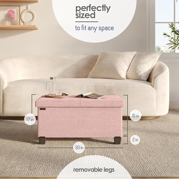 Storage Ottoman Bench with Bins, 30-in Storage Bench for Bedroom End of Bed, Folding Foot Rest Ottoman for Living Room Max 660lbs, Fabric Ottomans, Pink