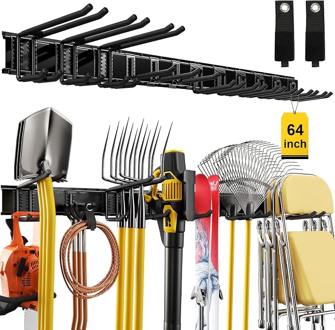 64" Garage Wall Tool Organizer, 900 Lbs Heavy Duty Steel Garden Tool Storage Rack & Garage Organization for Yard, Shed, Garage - 12 Longer & Thicker Hooks + 2 Straps