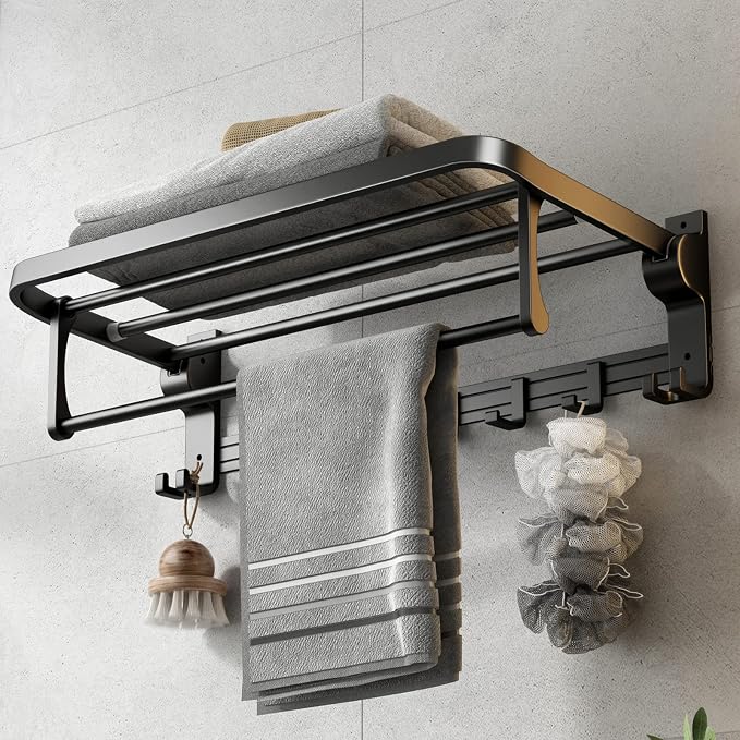 VOLPONE 24 Inch Towel Rack with Towel Bar Holder Foldable Towel Shelf with Movable Hooks Rustproof Towel Storage wall Mount for Bathroom Lavatory Matte Black