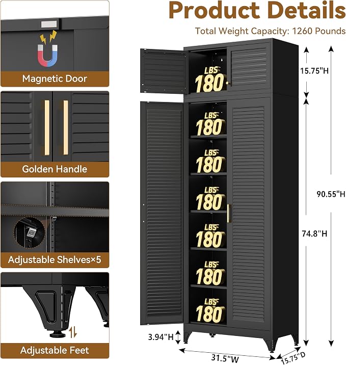 Polup 90" Tall Metal Kitchen Pantry Storage Cabinet with Doors and Shelves | Heavy-Duty Black Cabinet, 5 Adjustable Shelving, Gold Handles, Louvered Doors, for Dining Living Room, Bathroom & Garage