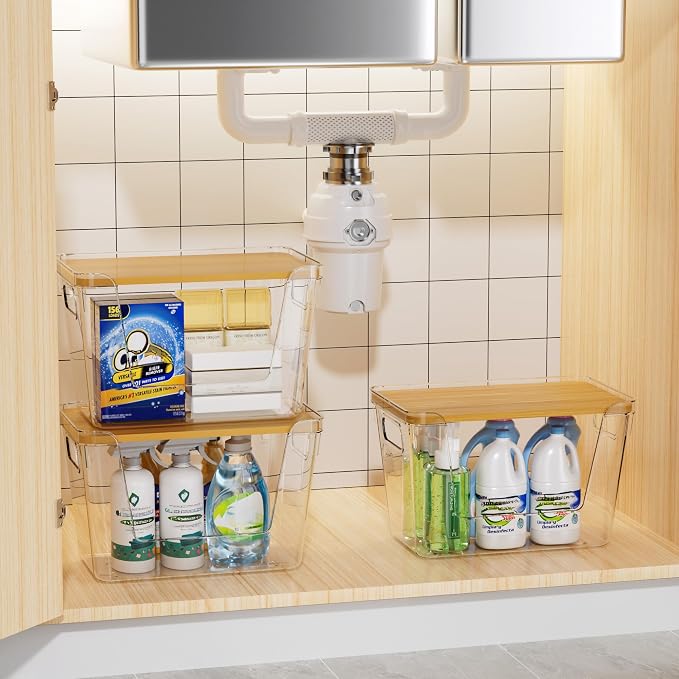 Delamu 3 Pack Trash Bag Dispenser, Stackable Garbage Bag Holder | Clear Acrylic Organizer Bins for Under Sink Organization, Pantry Storage, Cabinet, Kitchen, Laundry, Bathroom