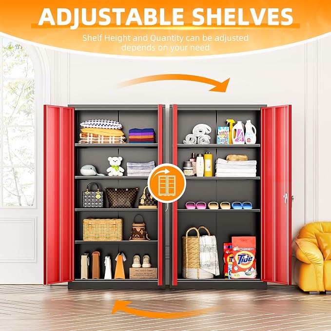 INTERGREAT Metal Storage Cabinet with Doors, 72" Locking Steel Storage Cabinet with Shelves, Tall Metal Cabinet Lockable Steel Cabinets for Home Office, Garage,(Black+Red)