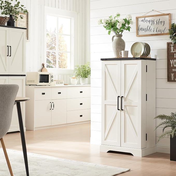 47" Tall Wooden Pantry Storage Cabinet with Door Shelves | Farmhouse, Barn Doors, Adjustable Shelves, Freestanding, Anti-tip Kit, for Kitchen, Dining Room, Living Room