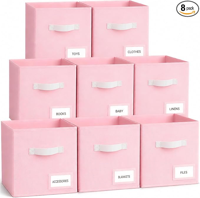Storage Cubes 8 Pack, 11 Inch Fabric Storage Cubes Organizer Bins with Labels, Odor-Free & Sturdy PP Structure, Cubby Baskets for Closet, Shelves, Toys & Nursery ( Pink)