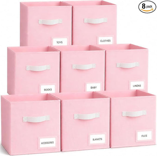 Storage Cubes 8 Pack, 11 Inch Fabric Storage Cubes Organizer Bins with Labels, Odor-Free & Sturdy PP Structure, Cubby Baskets for Closet, Shelves, Toys & Nursery ( Pink)
