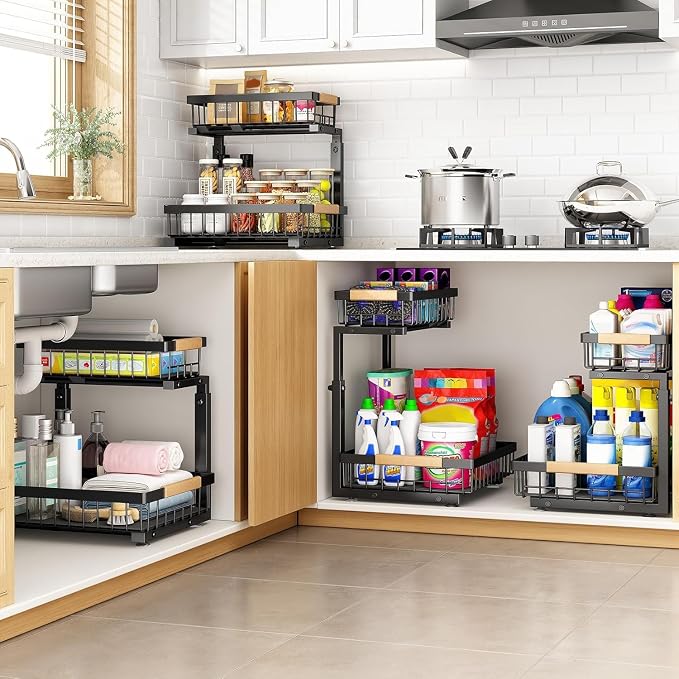 PXRACK Under Sink Organizer, Adjustable Height, 2 Tier Pull Out Under Cabinet Organizer, Slide Out Thickened Metal Under Sink Storage for Kitchen Bathroom Laundry Pantry Cabinet, Black, Small-2-Pack