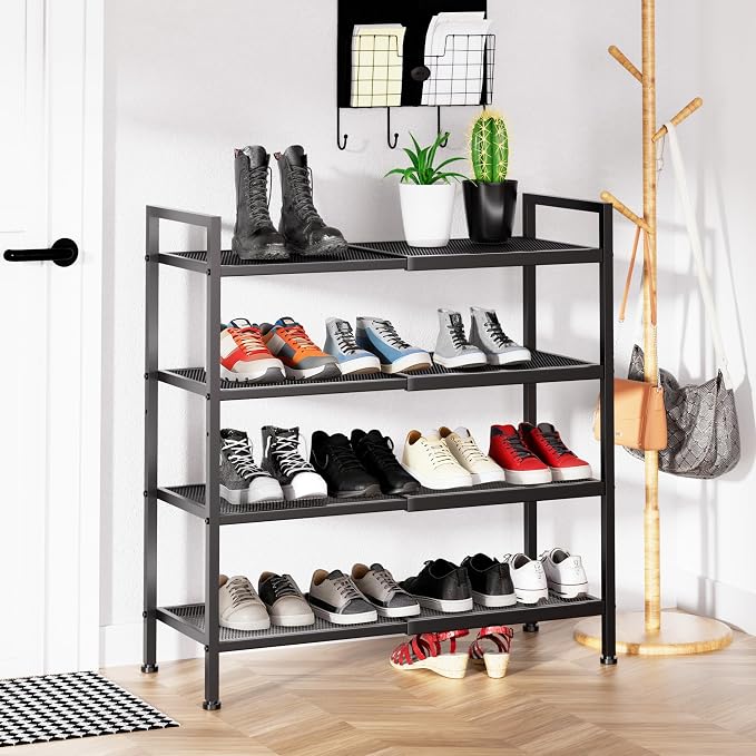 4 Tier Shoe Rack, Expandable Shoe Rack for Closet, Adjustable Shoe Organizer for Entryway, Shoe Storage Organizer for Door Entrance, Garage, Bedroom