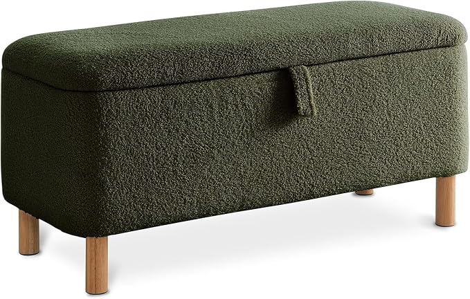 Boucle Storage Ottoman Bench for Bedroom end of Bed, Sherpa Upholstered Shoe Seat Storage Bench for Entryway Bed Foot, Rectangle Cushion Padded Blanket Chest Cute for Living Room, Blackish Green