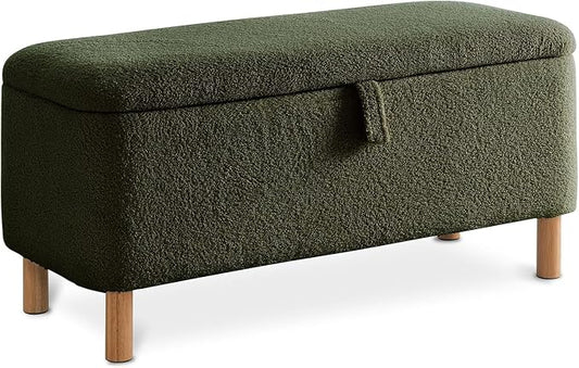 Boucle Storage Ottoman Bench for Bedroom end of Bed, Sherpa Upholstered Shoe Seat Storage Bench for Entryway Bed Foot, Rectangle Cushion Padded Blanket Chest Cute for Living Room, Blackish Green