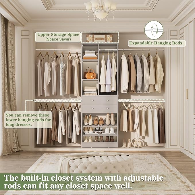 Besiost Closet System, 4.2–8.8 FT Closet Organizer with 2 Wooden Drawers and Shelves, Walk-in Closet System with 5 Hang Rods, Built-in Reach in Closet Tower, Can Fit 60 to 96 inch, Morandi Grey