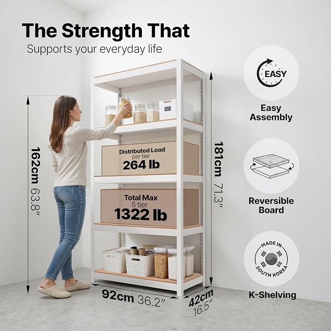 HOMEDANT House 36.2" W 5 Tier Heavy Duty Garage Shelving Adjustable Metal Rack Storage Shelves Standing Shelf Unit Organizers Pantry Closet Office White 2Pack
