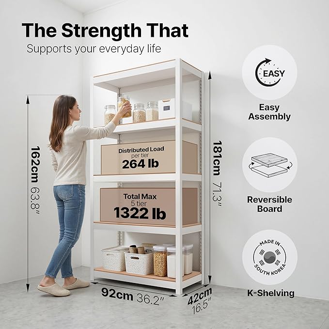 House White 36.2" W 5 Tier Storage Shelves Garage Shelving Unit | Adjustable boltless metal shelving for pantry, closet, kitchen, basement, garage and warehouse