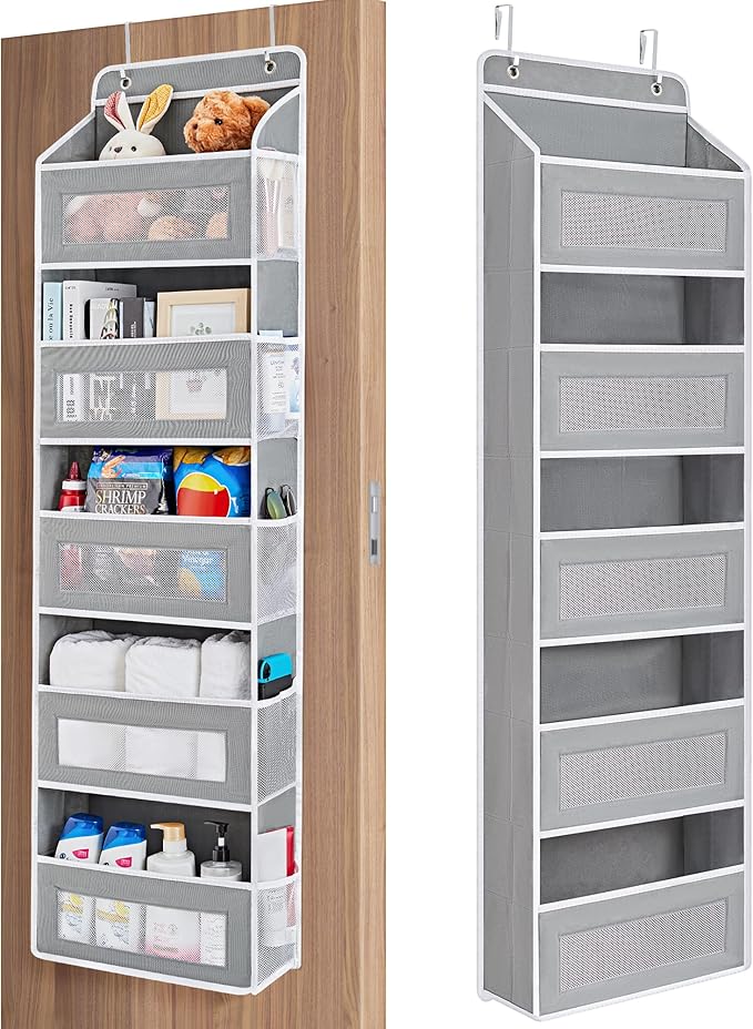 JARLINK Over the Door Organizer for Bedroom, Pantry, Bathroom, 5 Shelf Grey | Anti-Tilt Design, 44 lb Load Capacity, Hanging Door Organizer with 5 Large Capacity Pockets, Behind Door Storage for Nursery