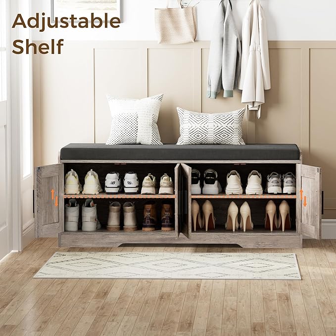 Homleke Shoe Storage Bench, 4 Doors & Thickened Padded Seat Cushion | 2-Tier Shoe Bench, Entryway Bench, Adjustable Shelf, 13.8" D x 45.3" W x 18.5" H, for Living Room, Bedroom, Greige