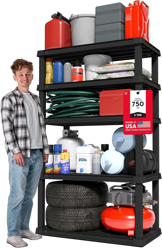 IRIS USA Plastic Storage Shelves |Made in USA| 68"H x 36"W x 18"D - Black | Heavy Duty Rack Organizer, 750lb Total Capacity, 150lb Per Shelf, Shelving Unit for Garage, Home, Warehouse & Gym