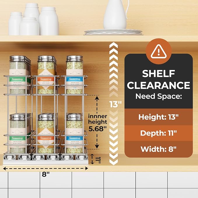 Mystozer Pull Out Spice Rack Organizer for Cabinet, Slide Out Spice Racks, Easy to Install Spice Cabinet Organizers, 7.4" Wx10.43 Dx8.26 H, 3 Drawers 2 Tiers(Silver)
