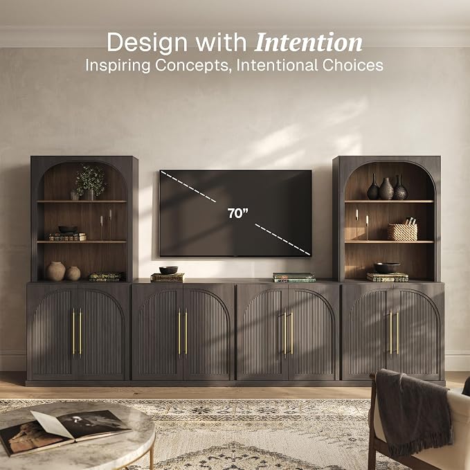 BELLEZE 6-Piece Modular TV Stand, Entertainment Center with Double-Arc Wood Door and Storage Hutch Cabinets, Classic Modern Media Console Table for Living Room Dining Room (Ebony)