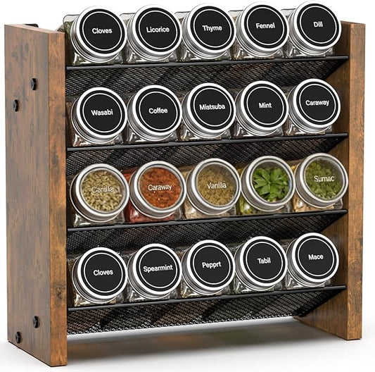 NESAPTO Spice Rack Organizer for Cabinet, Wood 4-Tier Vertical Seasoning Organizer, Wall Mount or Countertop Spice Shelf, Holds 20 Jars (No Jars Included), 10.3" W x 10.3" H