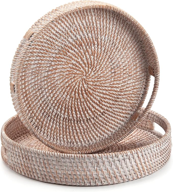 Round Rattan Serving Tray Decorative Woven Ottoman Trays with Handles for Coffee Table White (Small 11.8 inch x 2 inch)