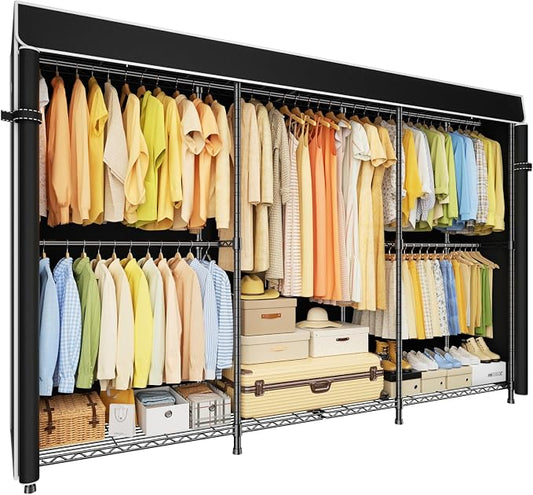 E14C Max Heavy Duty Closet Organizer System，Freestanding Clothing Racks for Hanging Clothes，Adjustable Garment Rack 86" W × 16" D × 77" H Hold 1060 lbs，Black Rack with Black Cover