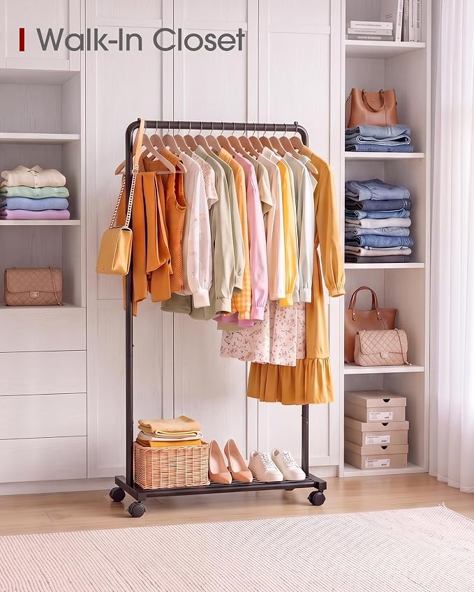 Sakugi Clothes Rack - Clothing Rack with Storage Mesh Shelf & Casters, Heavy-Duty Metal Clothing Rack for Hanging Clothes, Dresses, Coats, Large Load Capacity, Easy Assembly, Black, 28.0"x16.9"x59.0"