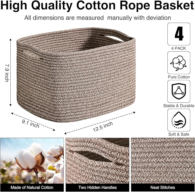 ICERZCZ Storage Baskets for Shelves Organizing, Woven Cotton Rope Baskets for Storage, Book Basket, Decorative Shelf Basket, 12.5"Lx9.1''Wx7.9''H (4 Packs) Dark Brown