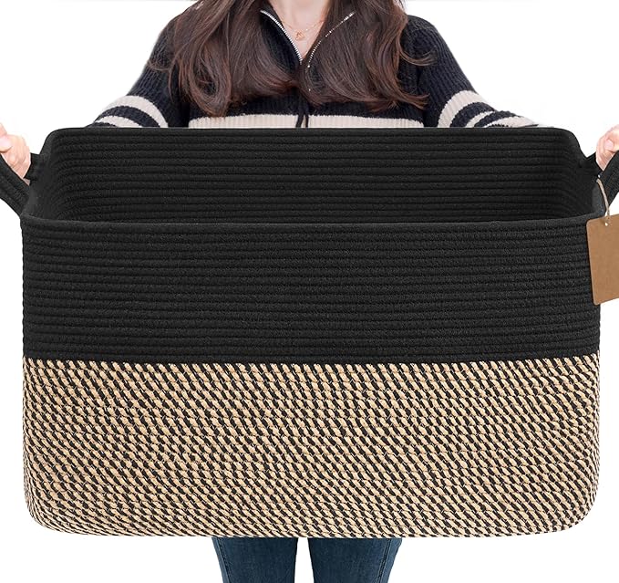 Goodpick Extra Large Wicker Storage Basket with Handles, Black & Jute | 75L, 22 × 17 × 12 in, Rectangle, Blankets, Pillows, Toys & Clothes Storage, Home Decor, Living Room & Nursery Organization