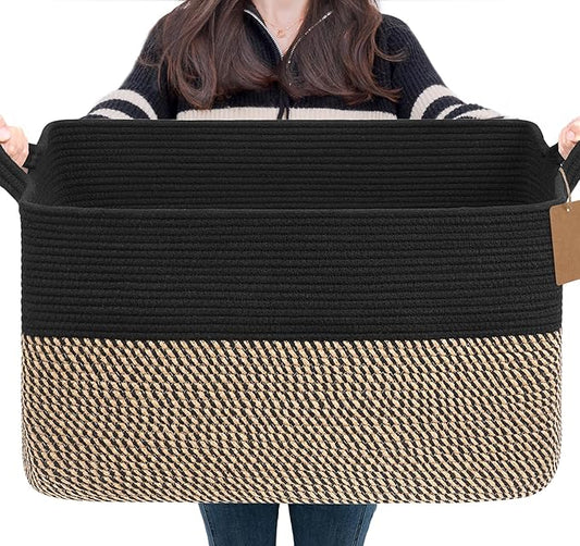 Goodpick Extra Large Wicker Storage Basket with Handles, Black & Jute | 75L, 22 × 17 × 12 in, Rectangle, Blankets, Pillows, Toys & Clothes Storage, Home Decor, Living Room & Nursery Organization