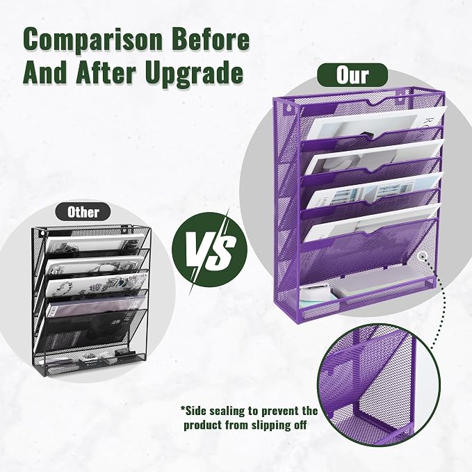 EASEPRES 6 Tier Mesh Hanging Wall File Organizer, Desk Vertical Mail Paper Document Folder Holder Rack with Bottom Tray and Nametag Label for Office Home School, Purple